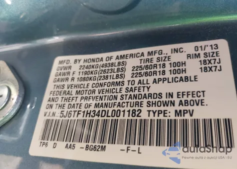 2013 Honda Crosstour Ex V6 from USA, damaged, VIN 5J6TF1H34DL001182